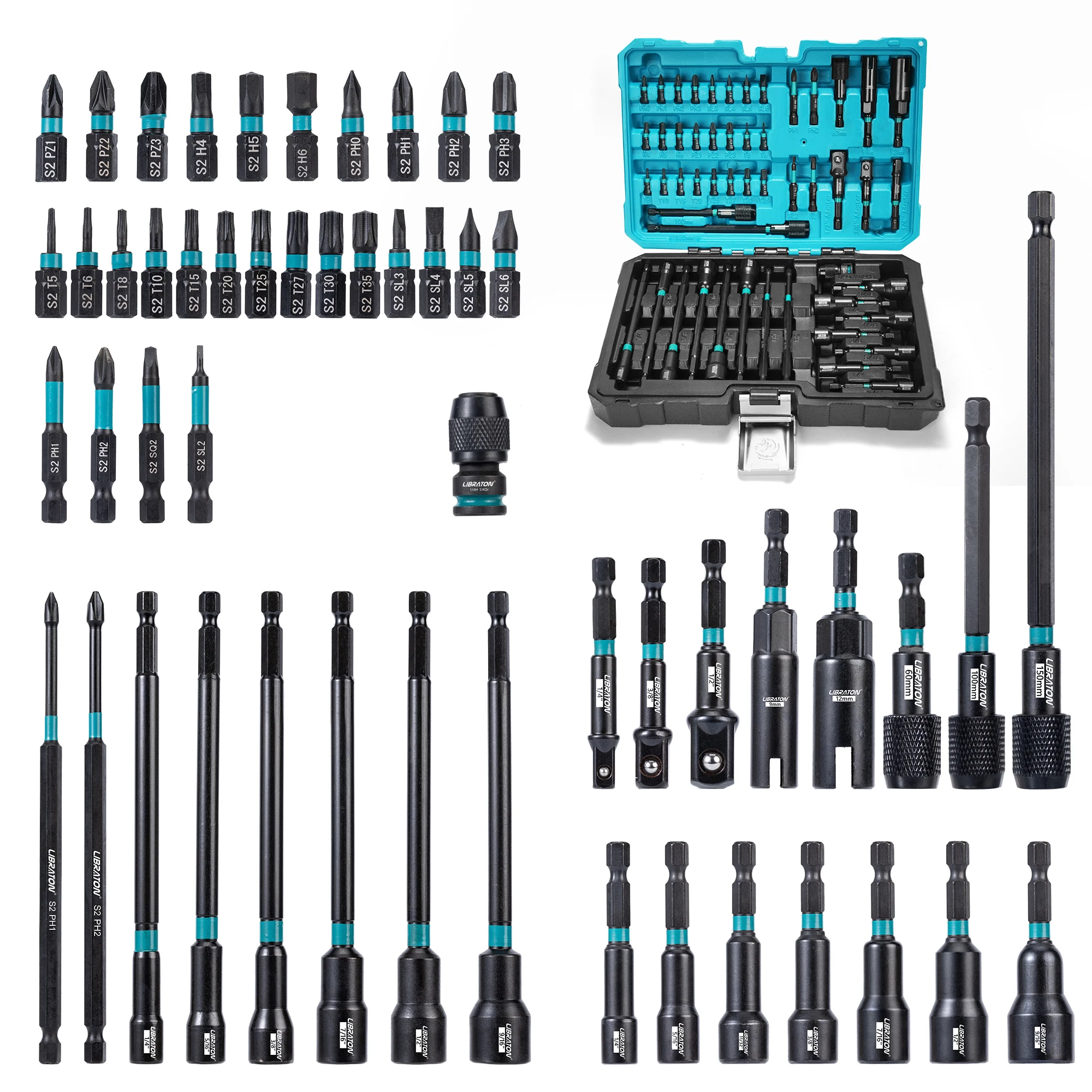 LIBRATON 52-teiliges magnetisches Mutternschrauberset SAE inklusive Sechskantkonverter,
