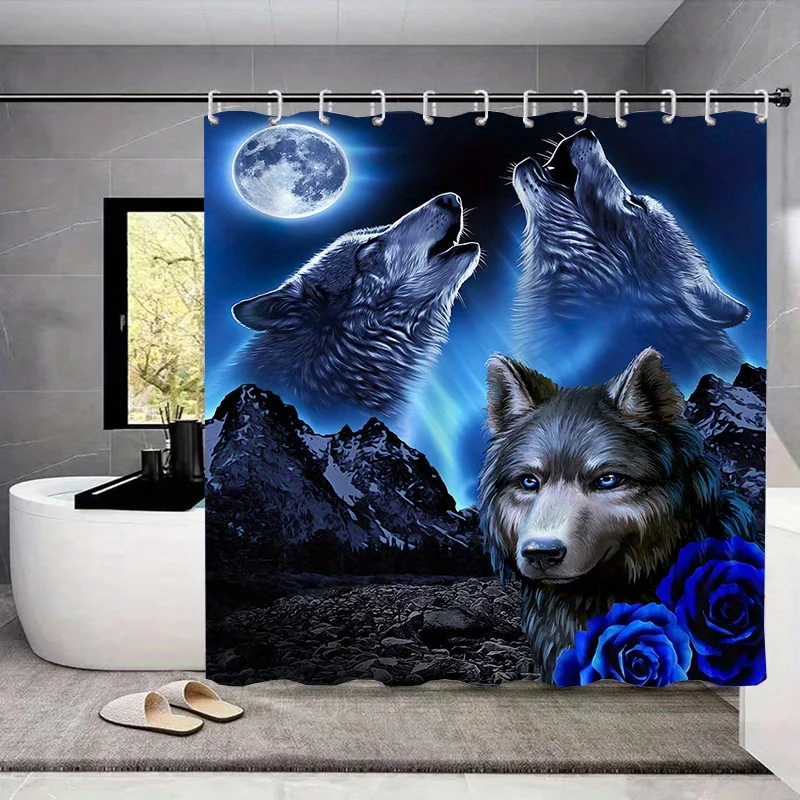 1/4pcs Wolf Moon Non-slip Waterproof Bathroom Shower Curtain Set with Polyester Fabric, 12 Hooks, Toilet Seat Bath Mats and Rugs