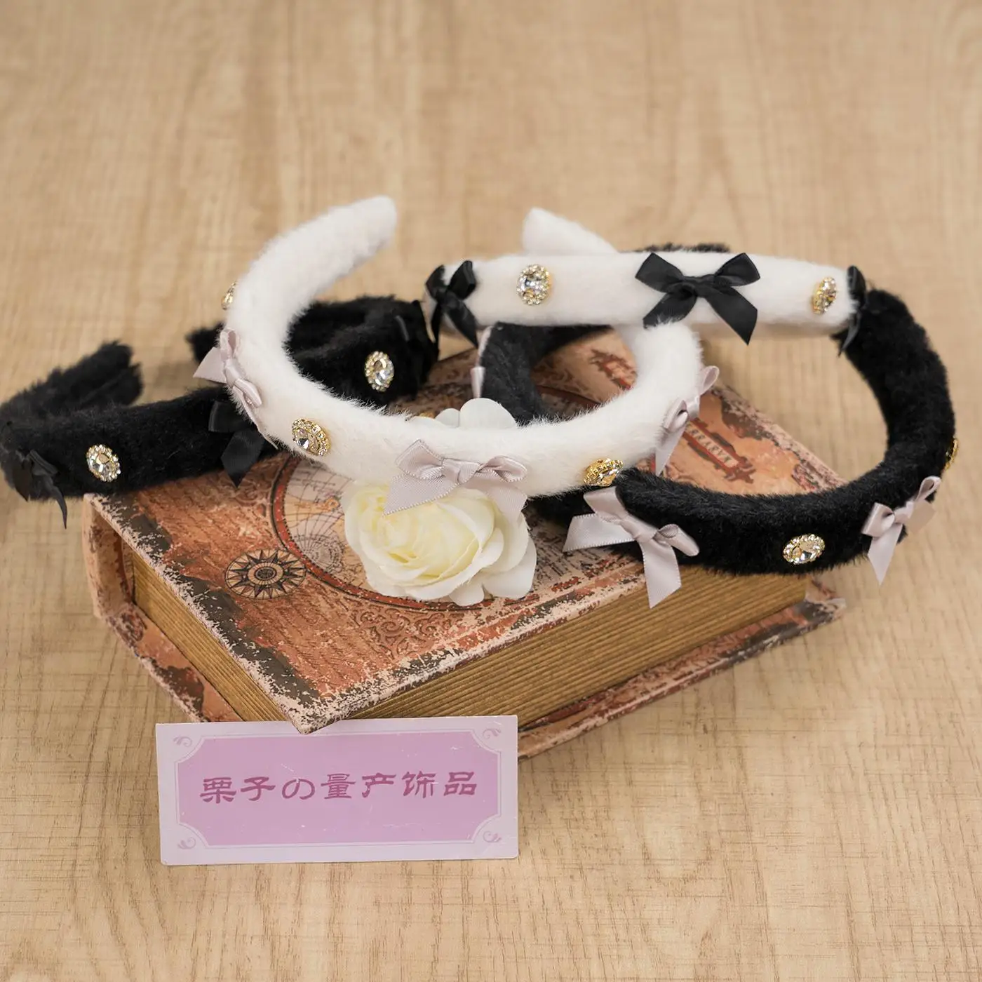 

Japanese Handmade Hair Rhinestone Headband Bow Headband Fluffy Autumn and Winter Headgear Hair Accessories for Women