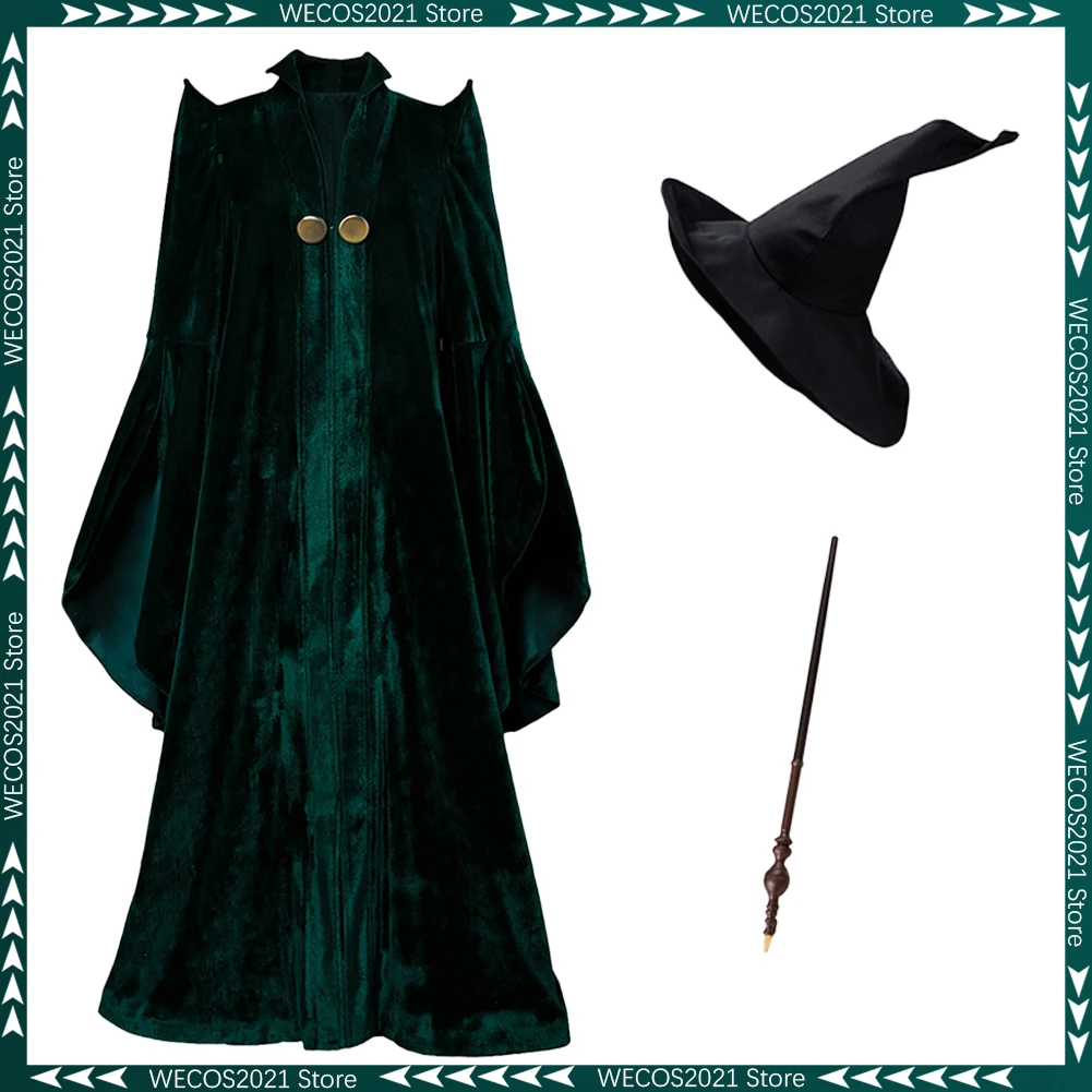 Fantasia vestido feminino bruxa mcgonagall cosplay para mulheres robe varinha chapéu dos desenhos animados filme mágico traje adulto mulher fantasia outfits