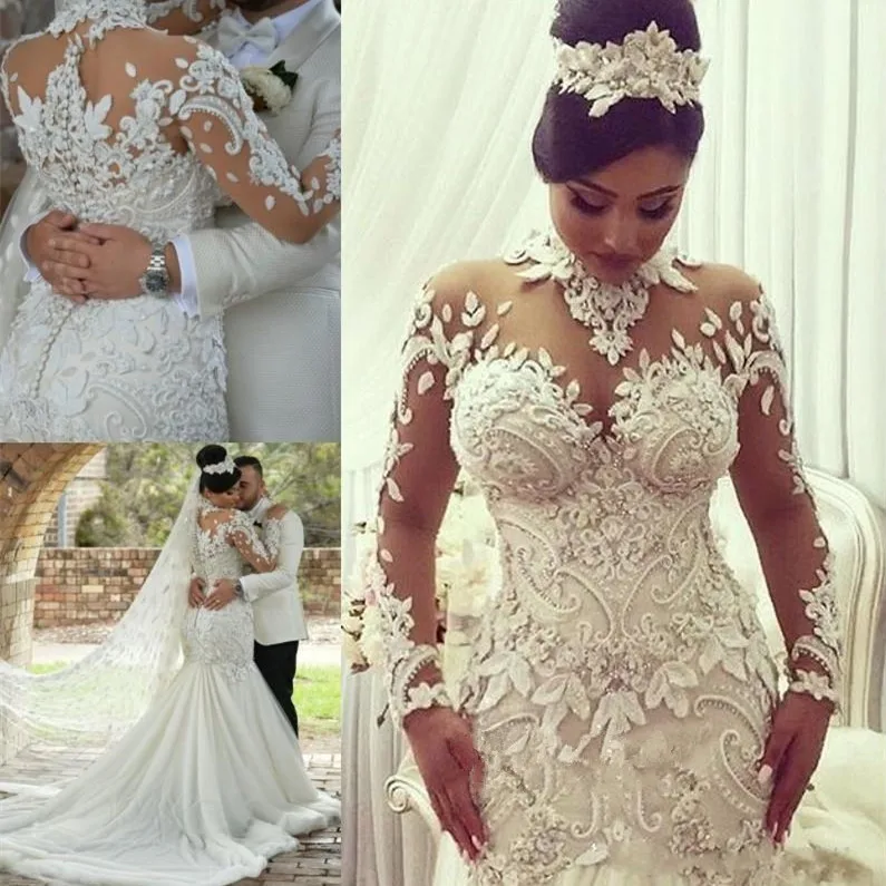 

Long Sleeve Bridal Dresses Robe Lace Wedding Dresses African Mermaid High-Neck Bridal Gowns