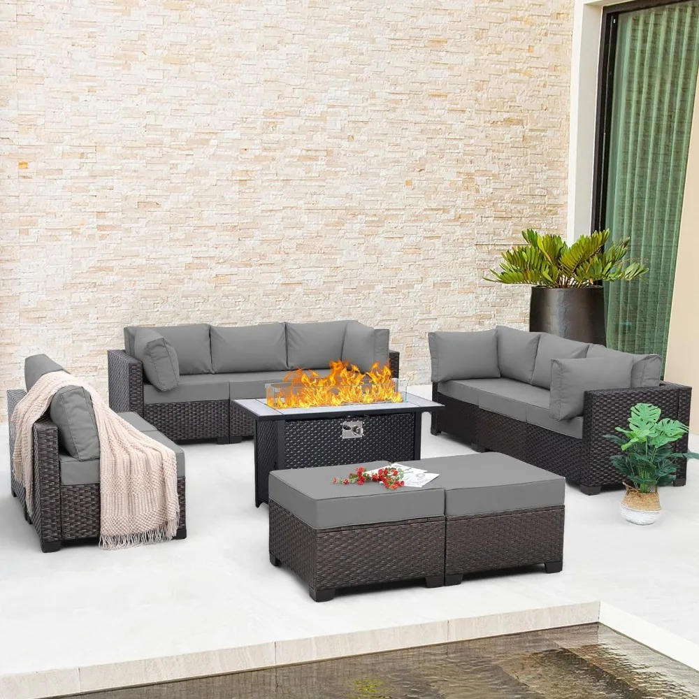 

Outdoor Patio Furniture Set PE Wicker Chairs with 45"Propane Fire Pit Table and5"Thick Cushion 11Piece Rattan Sectional Sofa