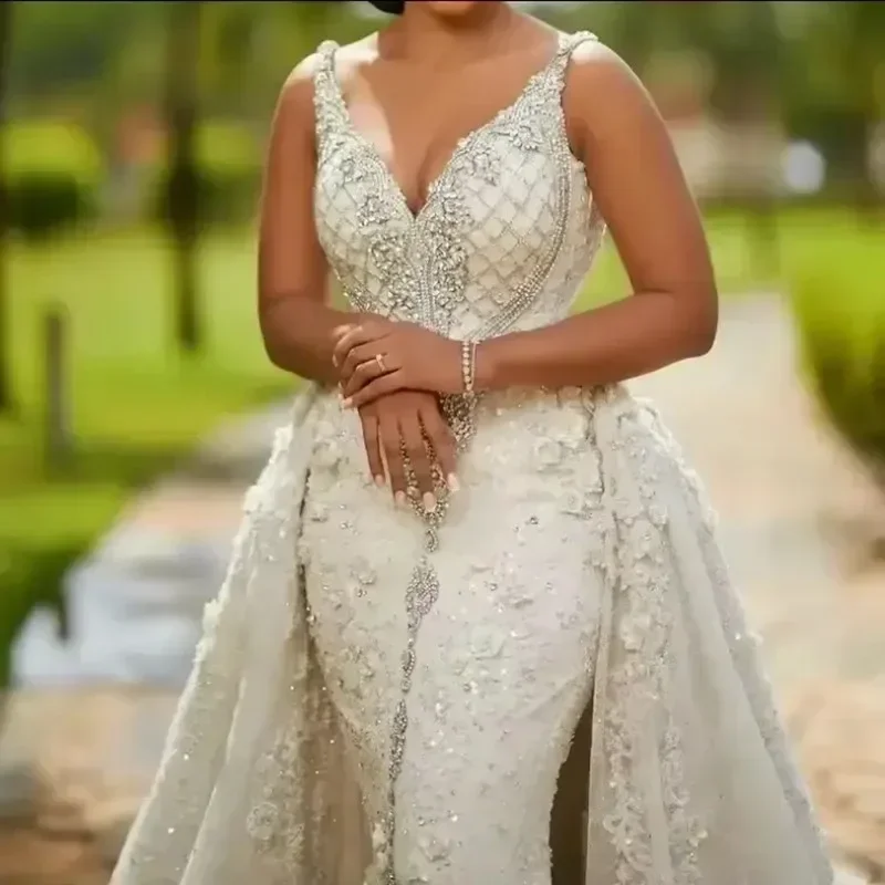 Vestido De Novia personalizado con cuello en V, cuentas brillantes, cristales, con falda desmontable, Vestidos De Novia De lujo para jardín