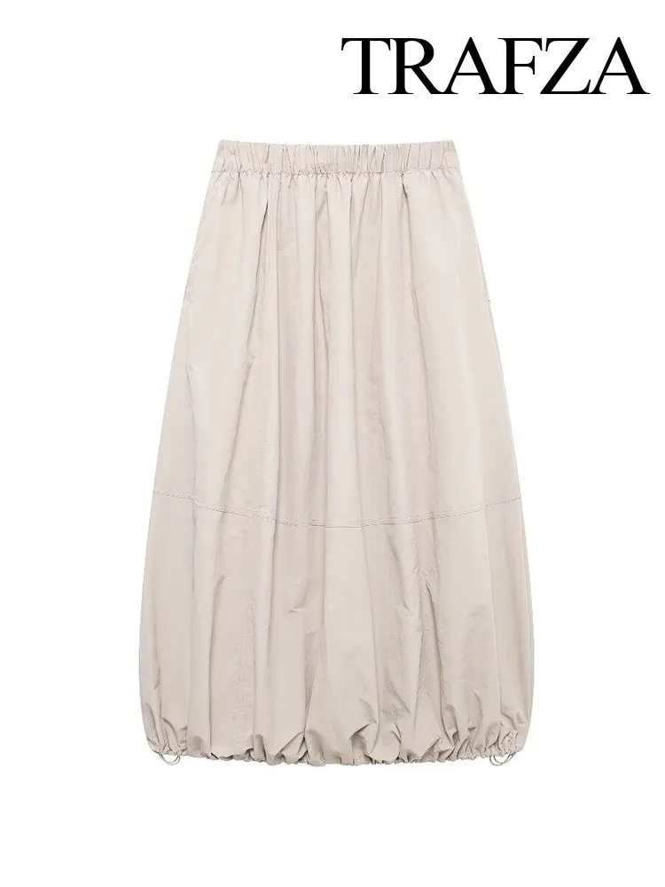 TRAFZA Summer Women Fashion Versatile Pleated Decorated Balloon Lantern Skirt Female Elastic Waist Mid-Calf Casual Skirt Mujer