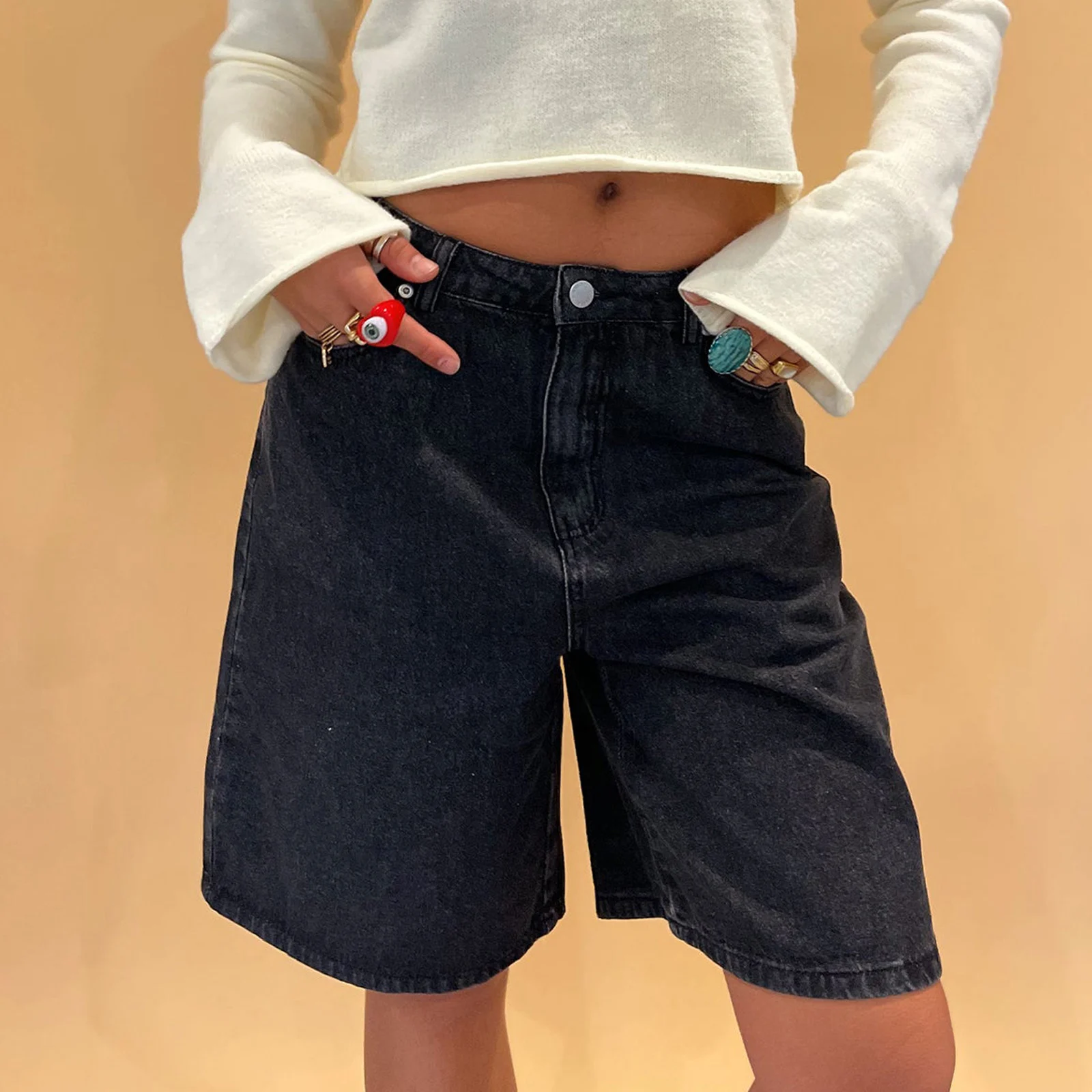 Combhasaki Damen Sommer y2k Vintage knielange Jeans Jeans einfarbig Knopf hohe Taille locker sitzen Jeans shorts mit Taschen