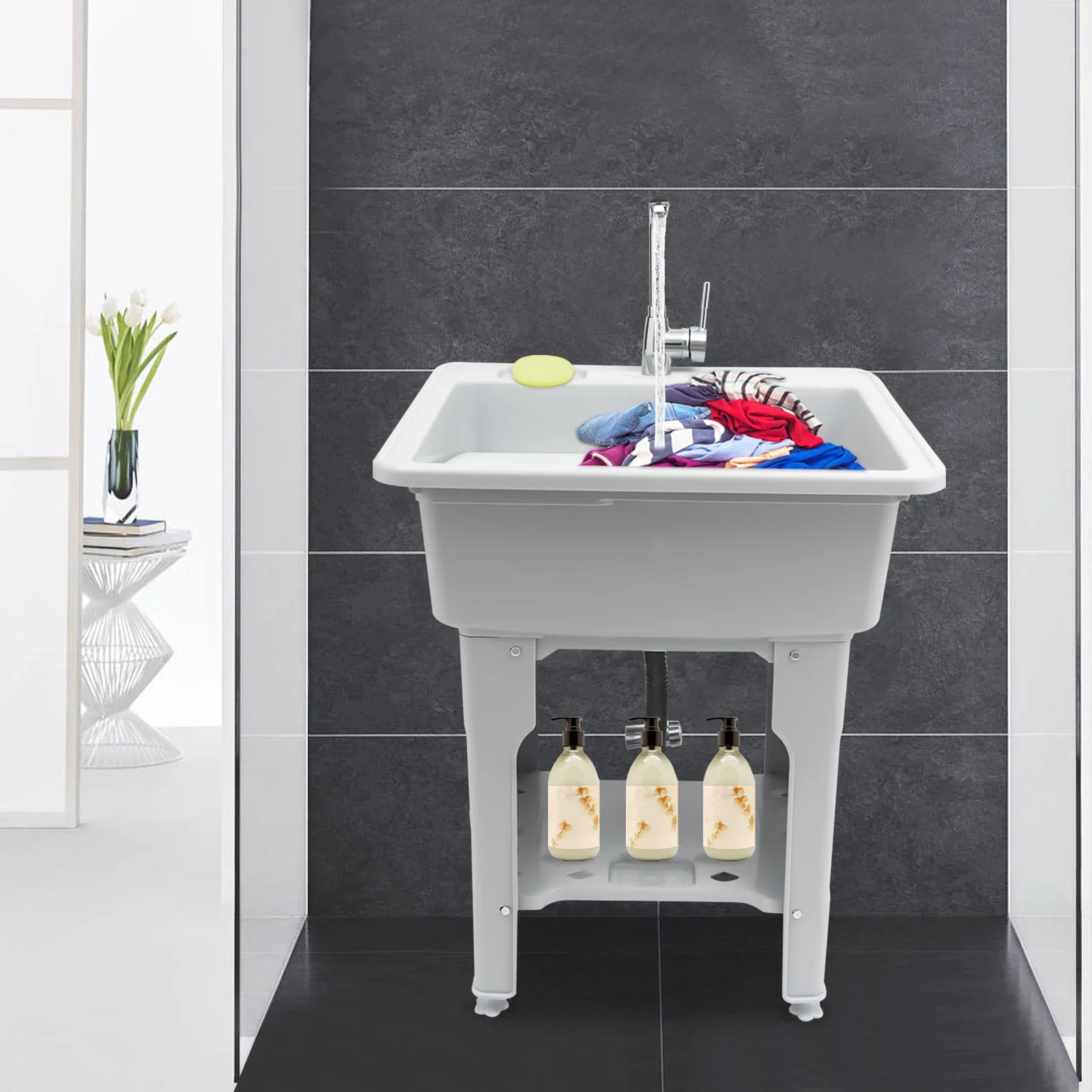 

Многофункциональная ванна для стирки, пластиковая раковина для стирки с регулируемой высотой и стиральной доской, для прачечной, гаража, ванной комнаты, кухни