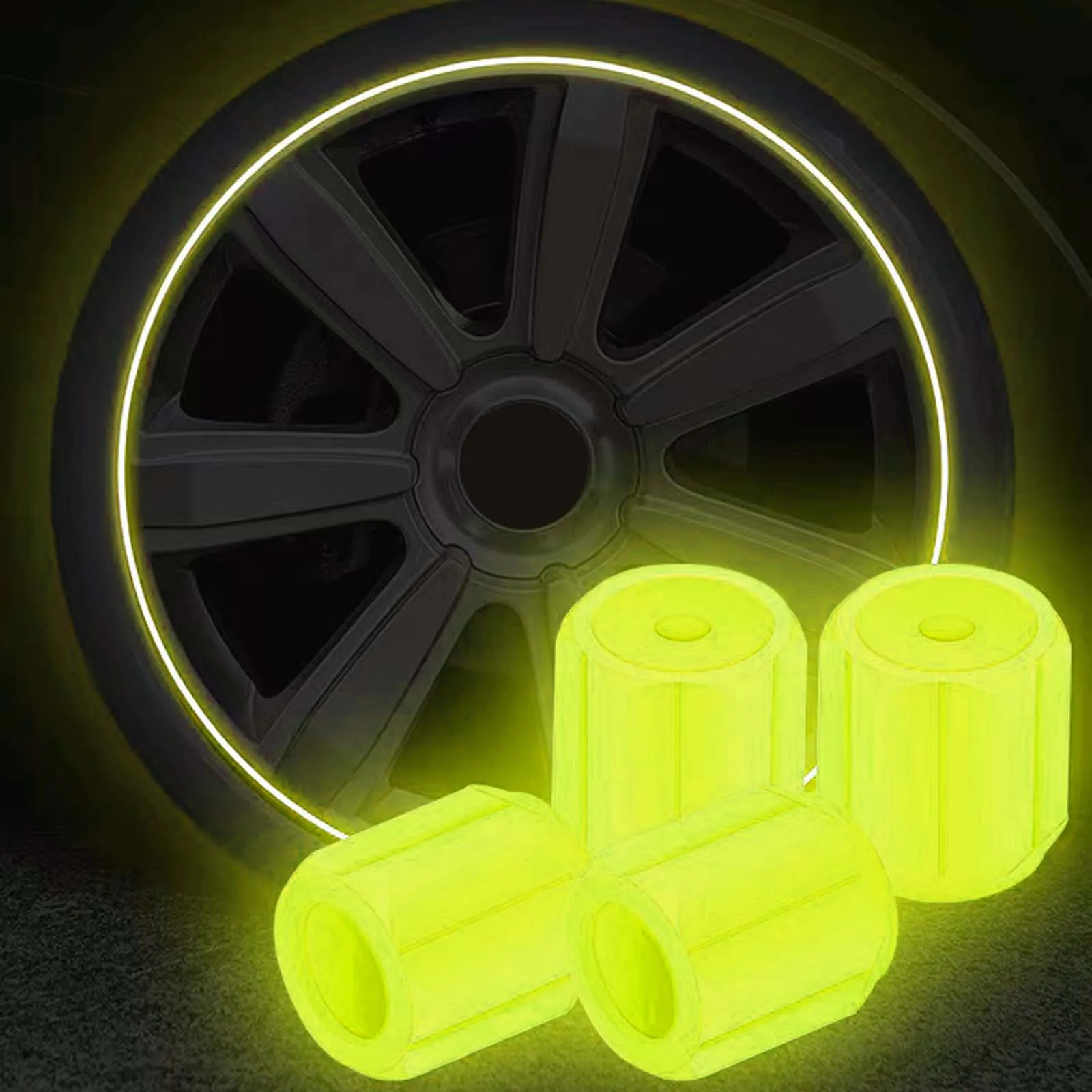 4x Glowing Tire Valve Caps Luminous Bike Tire Caps for Car Truck SUV Bike Motorcycle Green Fluorescent Car Tire Valve Stem Caps