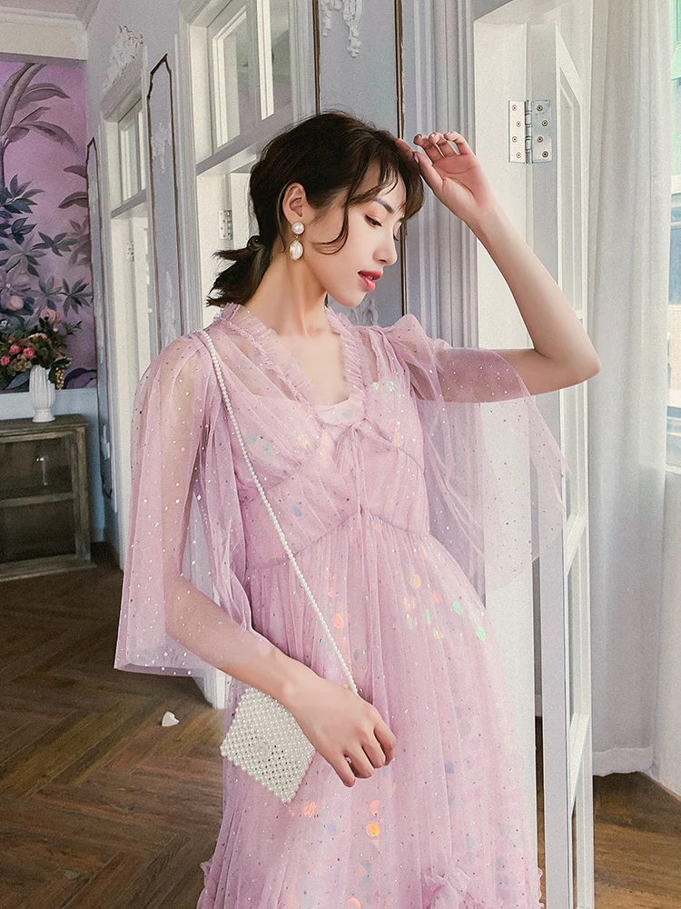 

McXu Summer Breeze Ultra-Fairy Romantic Purple Lace Strap Dr Two-Piece Set Polyester Fiber Spring Summer New Arrival