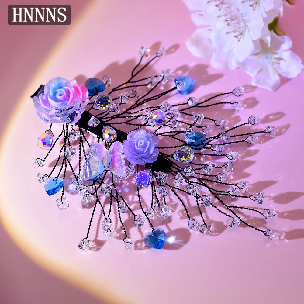 

HNNNS Blue Flower Hair Clip Barrettes Heart Crystal Hairpins Handmade Beaded Hair Clips Sweet Elegant Girl Hair Accessories A182