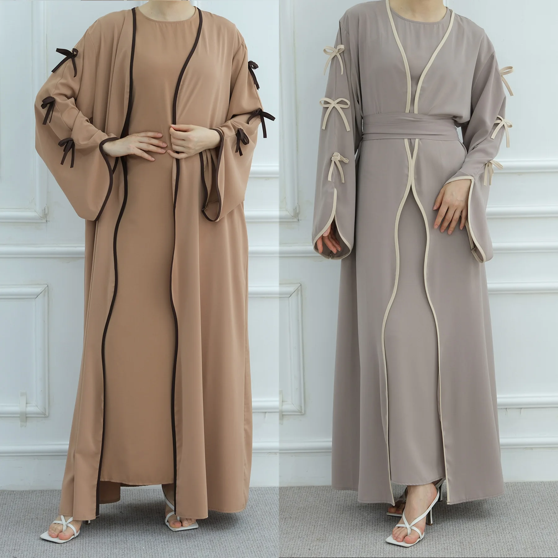 Eid Women Abaya with Inner Dress 2 Piece Set Muslim Suits Bow Party Abaya Dresses Arab Long Robe Dubai Kaftan Vestidos Jalabiya