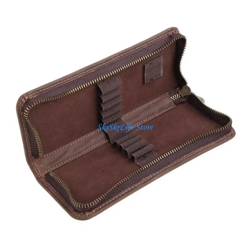 E65E Exquisite Leather Pen for Case Portable Zipper Pencil Bag Multiple Elastic Pen S