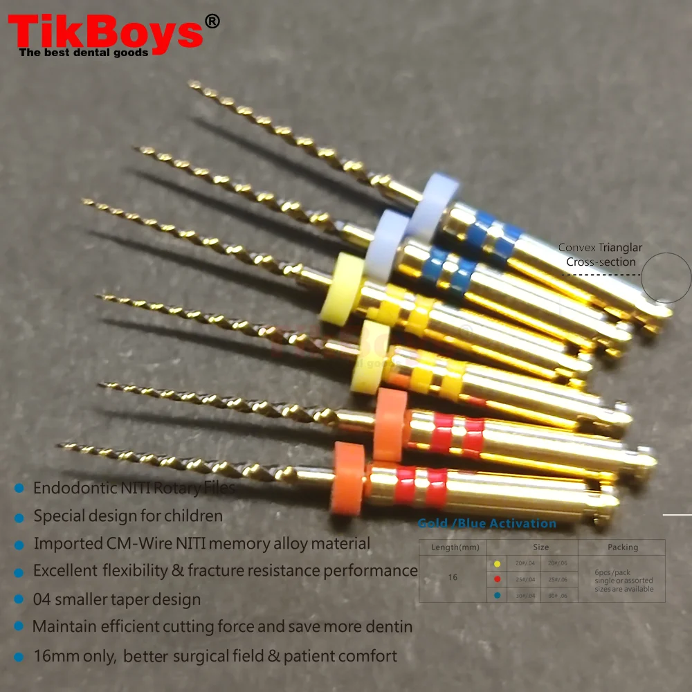 6Pcs/Pack Dental Baby NITI Rotary Files Pediatric Endodontic Rotary Engine Files Tip 16MM For Kids Root Canal 04/06taper 20#25#