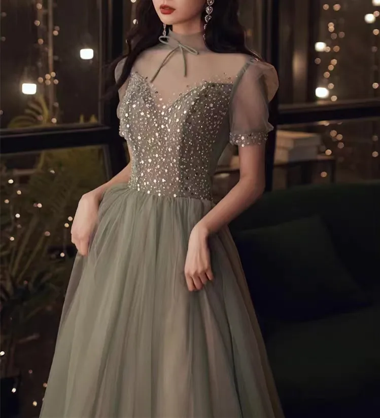 

Short Sleeves Prom Dress Elegant High Neck Sequins Applique A-Line Back Bandage Formal Long Evening Gown Robe De Soiree Vestidos