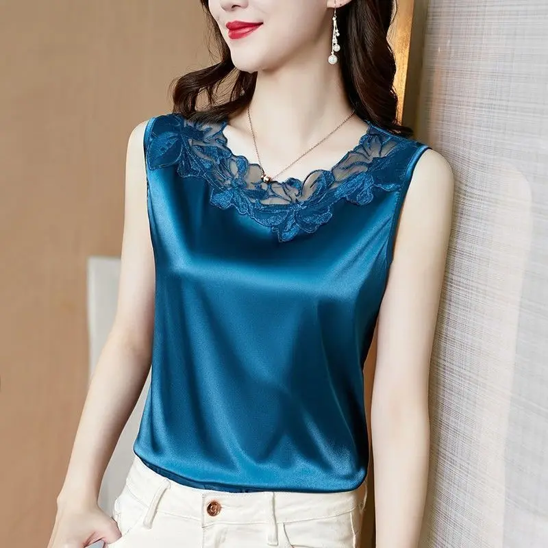 High Quality Satin Elegant Chic Lace Flower Patchwork Sleeveless Tops for Women Korean Fashion Solid Slim Shirts Blouses Clothes