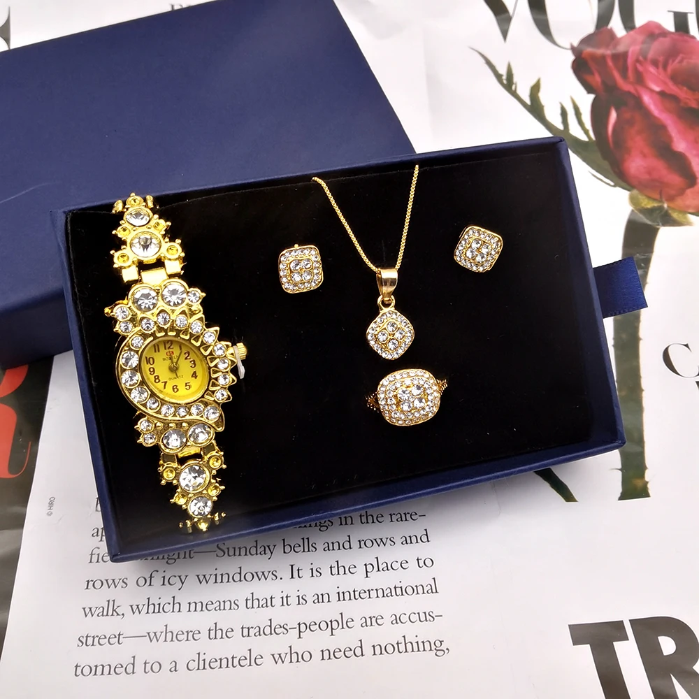 Women Watch Jewelry Set Gold Crystal Design Necklace Earrings ring Female Quartz Watch Women's Gifts For Valentine With Box