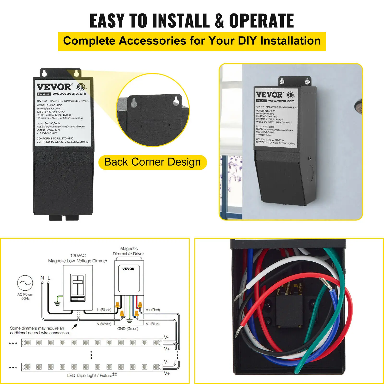 Trasformatore di illuminazione magnetico dimmerabile VEVOR LED Driver 120V ca a 12V cc/24V cc per illuminazione commerciale di paesaggio, casa, LED