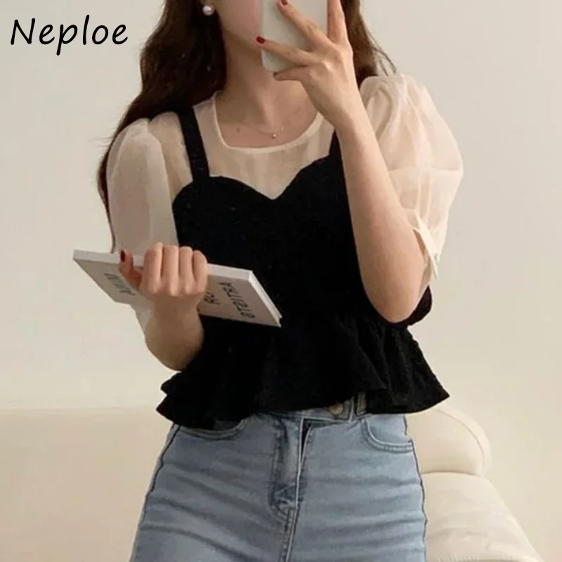 Neploe Early Spring Vintage Blusas Mujer De Moda 2024 O Neck Contrast Color Patchwork Blouses Fake Two Piece Puff Sleeve Shirts