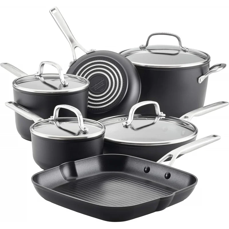 Conjunto de panelas antiaderente anodizado duro de 10 peças, panelas e frigideiras compatíveis com indução, panelas de cozinha premium pretas foscas