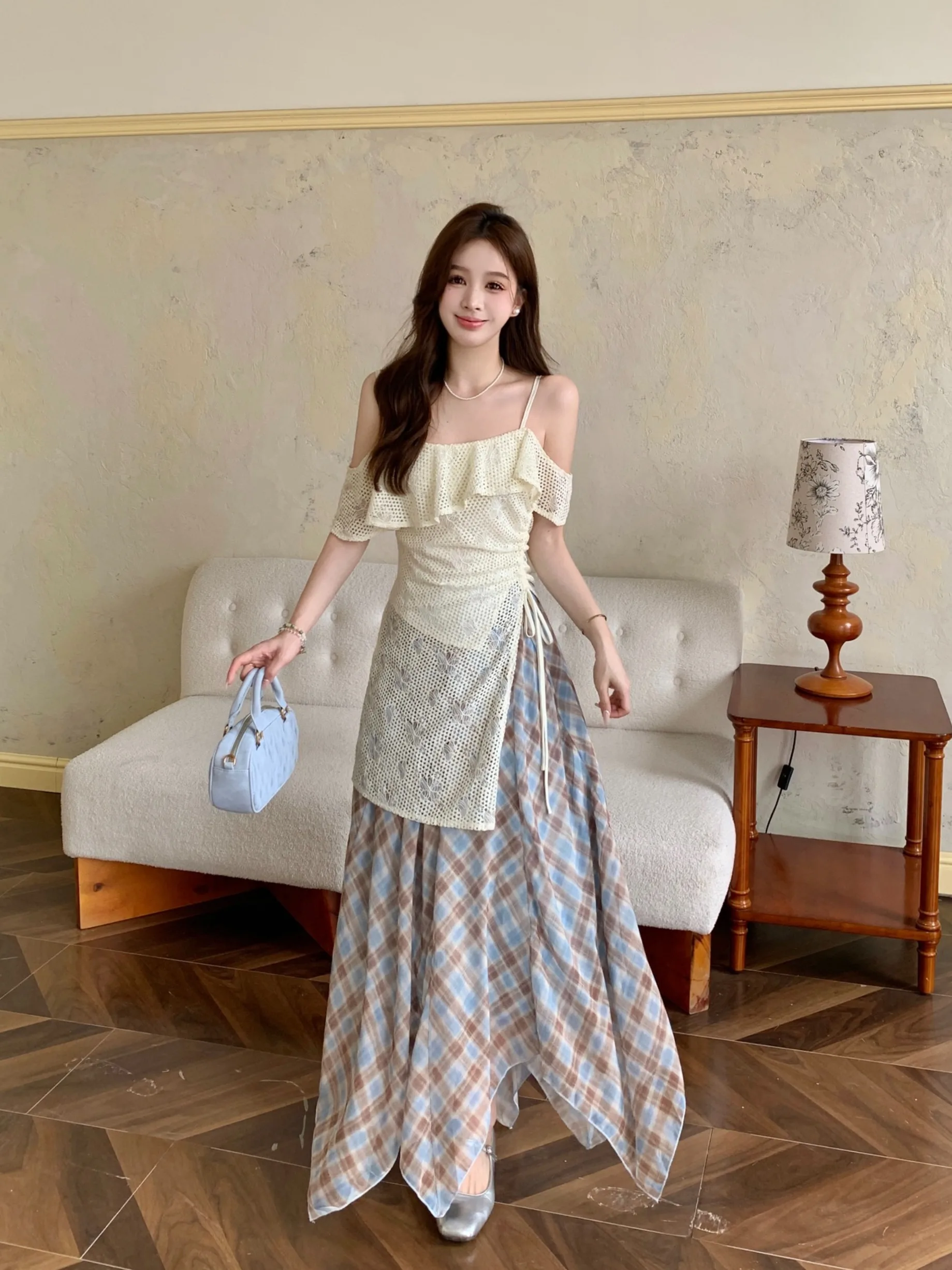 

plus Size Lace Hollow out Shoulder Bridesmaid Skirt Summer Casual High Waist A-Line Dress Korean Style Commute Fashion Set