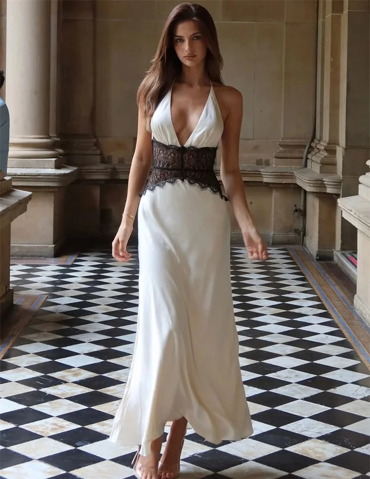 

Кружевное модное длинное платье с v-образным вырезом, женское платье с открытой спиной и высокой талией, тонкое ажурное вечернее платье на шнуровке, женское летнее платье макси