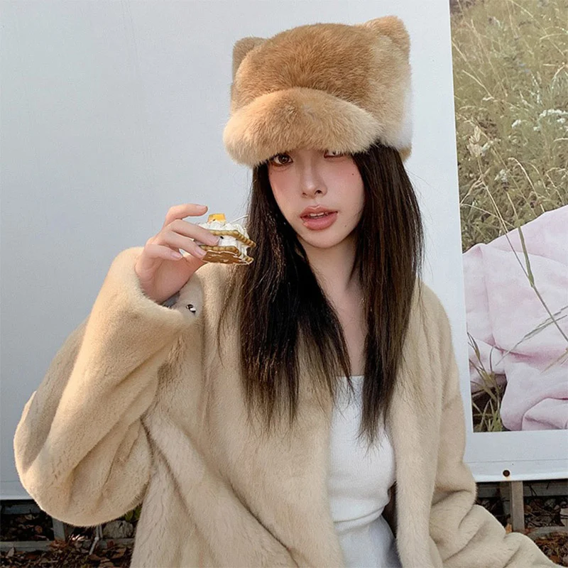 Winter New Women's Duck Tongue Hat Cute Rabbit Hair Cat Ear Hat Russian Fashion Baseball Hat Thickened Outdoor Leisure Sun Hat