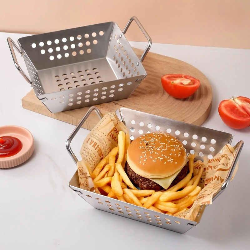 

Stainless Steel Tray Barbecue Plate Fruit Vegetable Draining Basket Square Perforated Mini BBQ Set Household Kitchen Tools