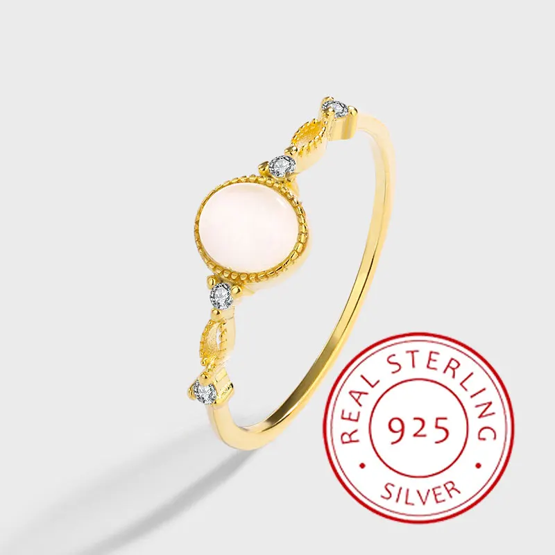 

Luxurious 14K Gold Genuine S925 Silver Hollow Round Moonstone Chalcedony Small Diamond Dewdrop Jewelry Ring for Women