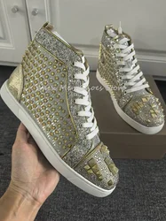 Gold Rivet Flat Sneakers for Men Casual Lace Up Round Toe Ankle Shoes for Women Fashion Couple Shoes Versatile Footwear