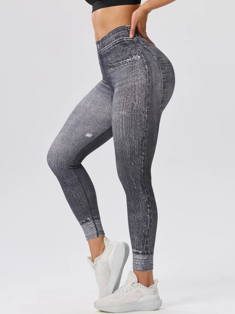 Autumn Women Yoga Outdoor Sports Running Imitation Jeans Long Leggings High Strength Pants Breathable Elastic Gym Fitness Pants