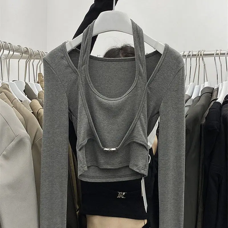 Camiseta de manga larga para mujer, camiseta con cuello Halter y parte inferior de diseño, primavera 2026