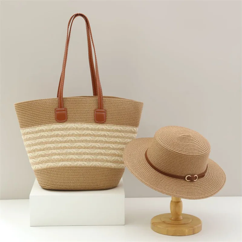 Two-piece Set of Straw Hat and Bag Women's Large Capacity Shoulder Bag Summer StrawWoven Basket Handbag Luxury DesignerBeach Bag