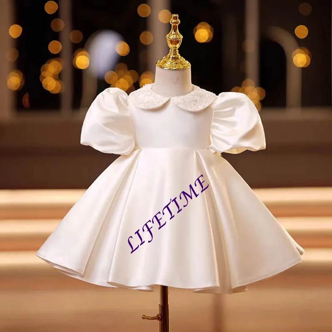 فستان أنيق لفتاة الزهور من الساتان المطرز برقبة دائرية مع فيونكة وأكمام قصيرة لحفلات الزفاف وحفلات التواصل الأول