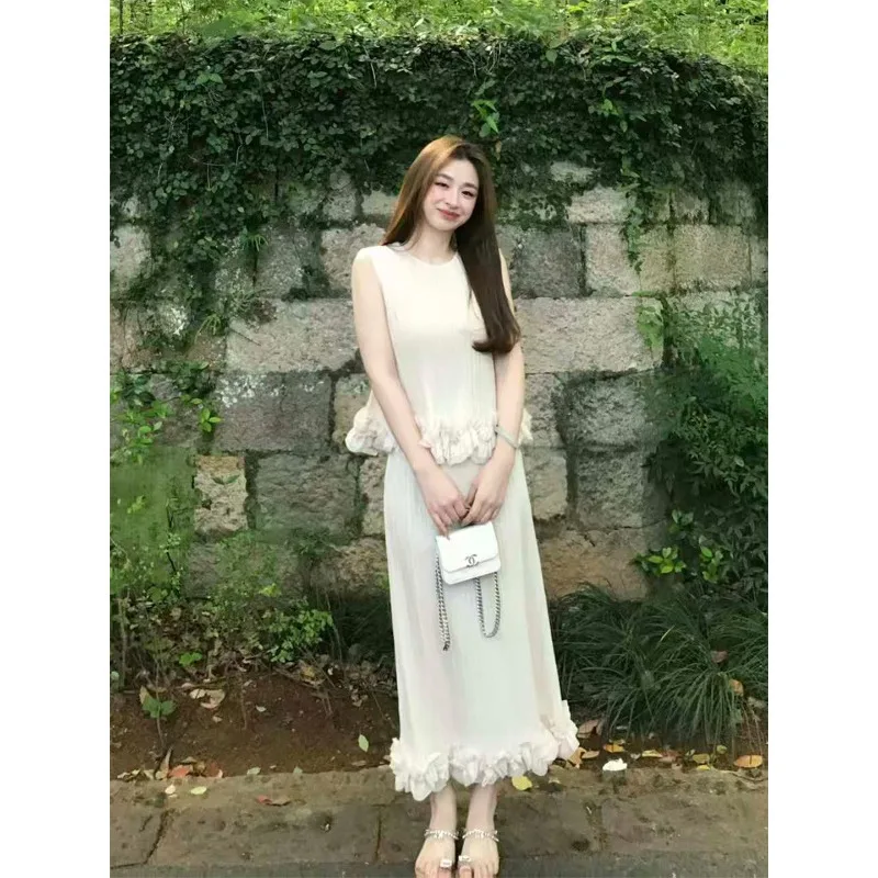 

Miyake Pleated Skirt Set Women Simple Fold 2026 Gentle Sleeveless Pleats Top High-Waisted Skirt Set Summer Elegant Outfit Women