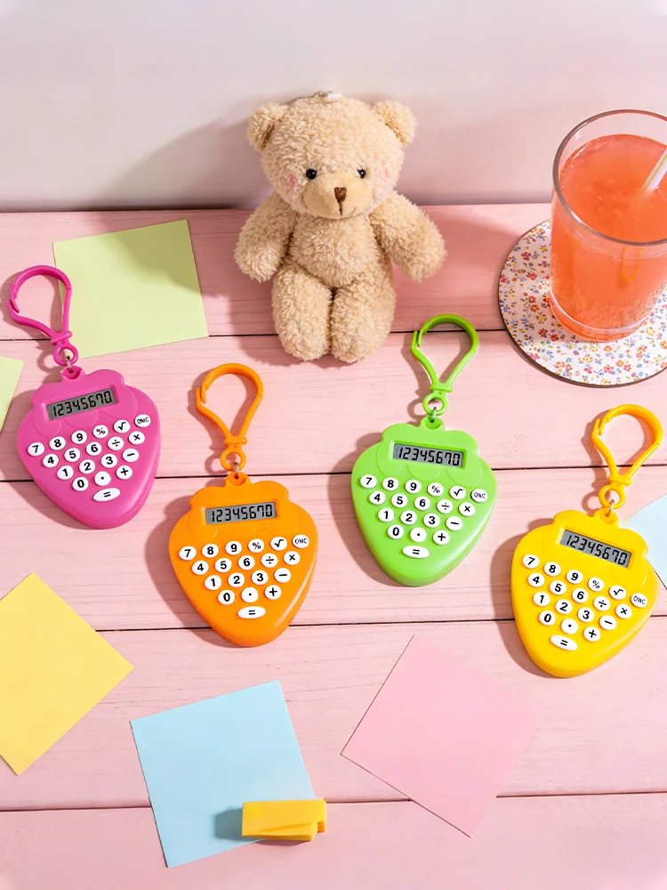 Cute Strawberry Mini Calculator Candy-Colored 8-Digit Student Study Exam Silent Portable Keychain Computer