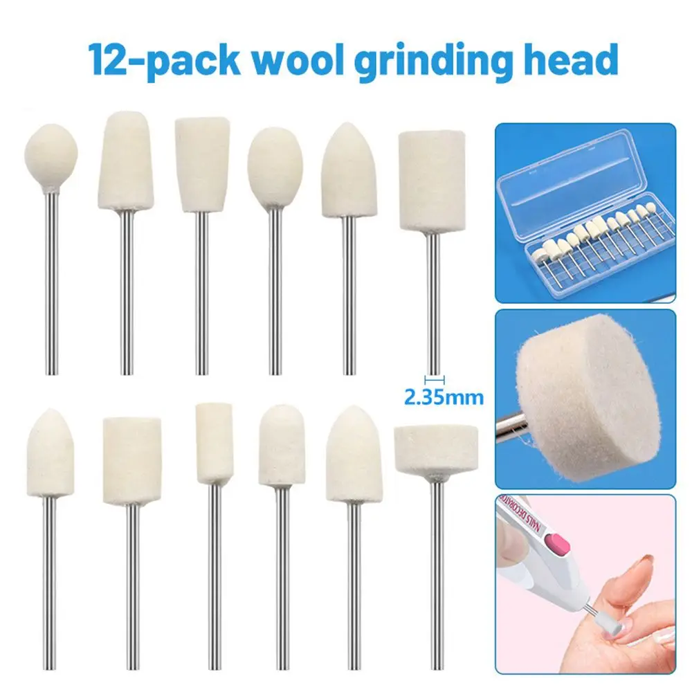 12Pcs Nails Supplies Accessories 2.35mm Shank Manicure Polishing Wool Wheel Grinding Head Wool Grinding Head
