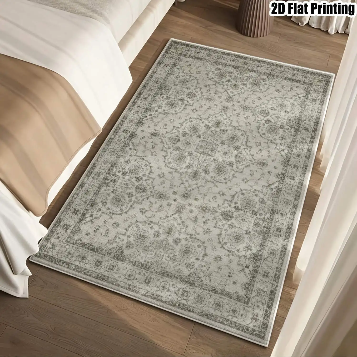 1Pc 2D Printed Retro Beige Floral Geometric Velvet Carpet, Multi-Size Washable Home Decor for Entrance, Living Room, Bedroom, Dining Room