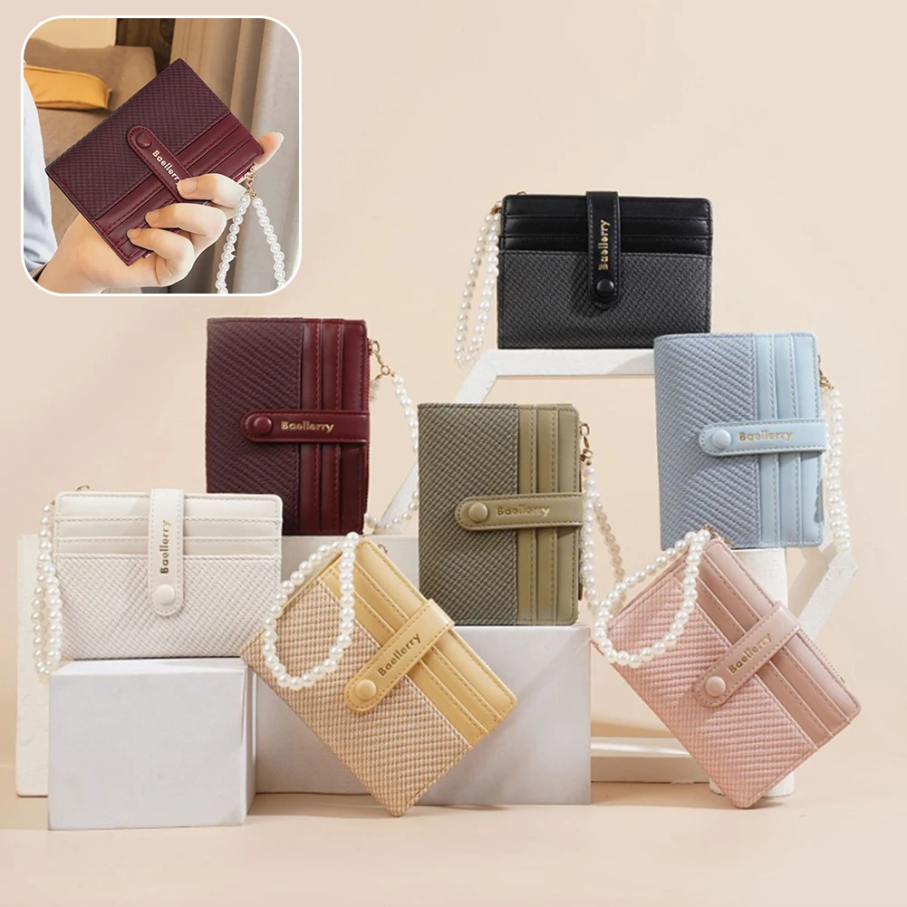 Women's Wallet,Mini Pu Leather Wallet With Pearl Chain,Id Bag Coin Purse Ladies Wallets,Card Holder,Perfect For Everyday Gifting