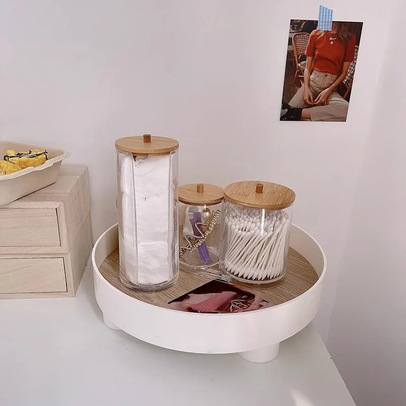 Acrylic storage box bathroom basin makeup organizer circular cotton swab holder QTip dispenser with bamboo cover