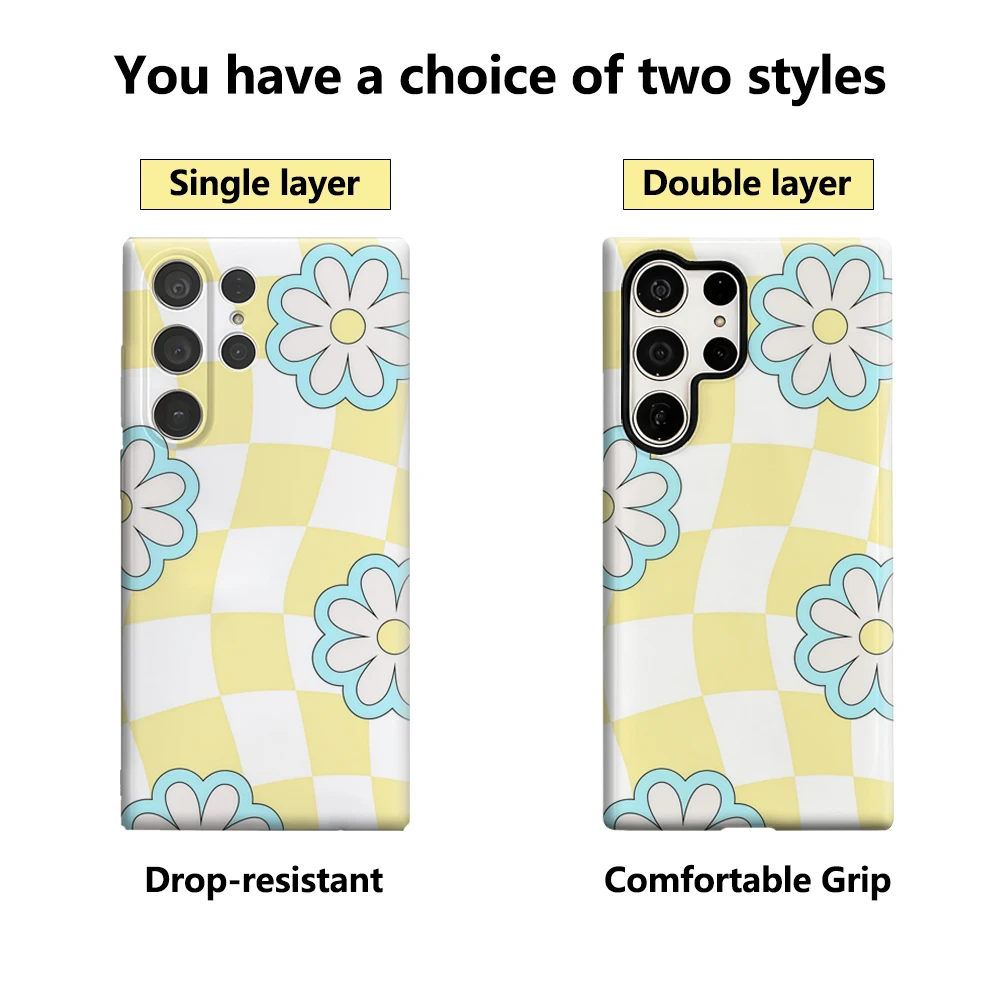 Coque de téléphone à fleurs bleues sur jaune, étui arrière brillant Double couche pour Samsung Galaxy S25 Ultra S24 S23 Ultra Plus