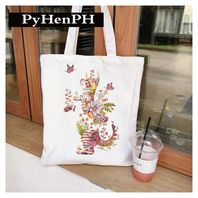 Flower Cat Canvas Bag Women Fashion Shoulder Totebag Female Shopping Bags Girl Student School Bags