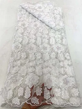 Tecido de renda de tule francês branco elegante, renda de chiffon de malha, tecido de renda africana, bordado nigeriano para vestido de casamento, 5 anos LA100-2