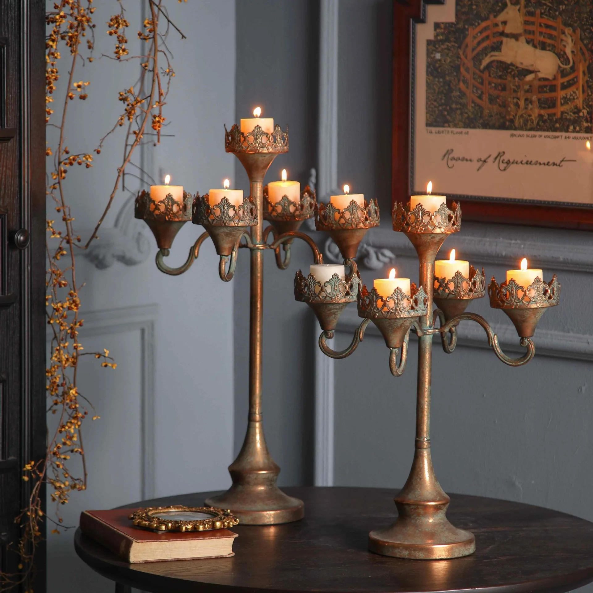 Vintage Iron Gothic 5-Arm Candle Holder Bronze Finish Tabletop Decor 50cm 60cm