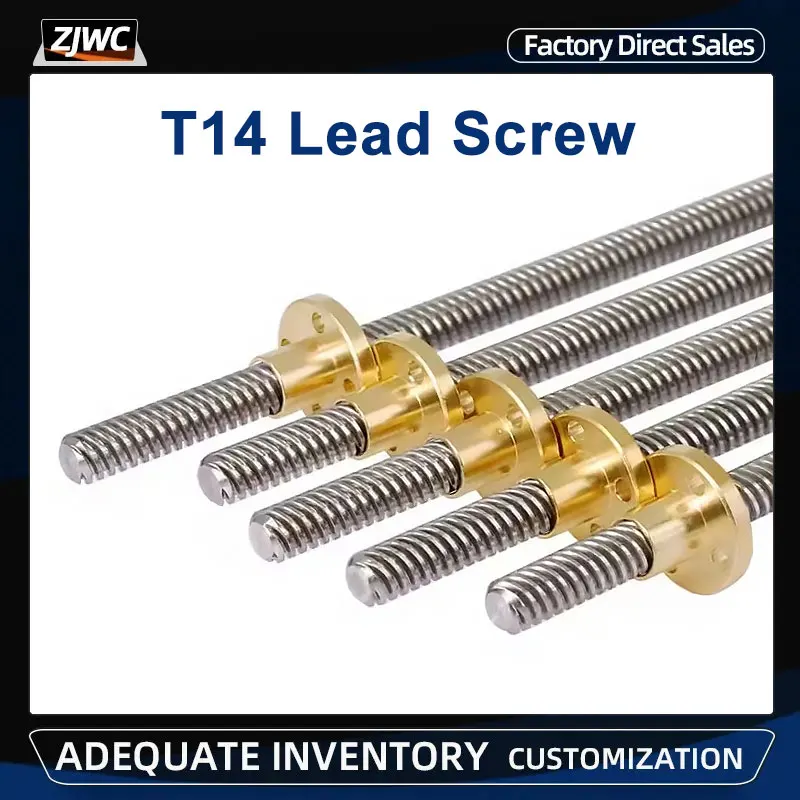 1PC T14 Trapezoidal Rod Lead Screw Thread 14mm T14*3 Lead 3mm, Pitch 3mm With Brass Nut Length 100mm 200mm-1200MM For 3D Printer