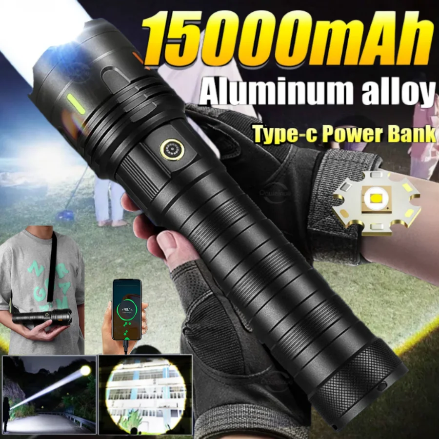 

Bright large LED flashlight 15000mah high power zoom tactical lantern outdoor waterproof portable patrol camping fishing light
