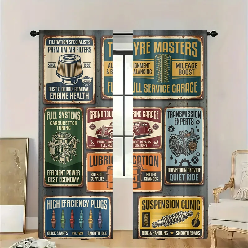 Retro Vintage Garage Shop Decor Curtain Panel Automotive Mechanic Signs Industrial Style Wall Art Filter Curtain Housewares