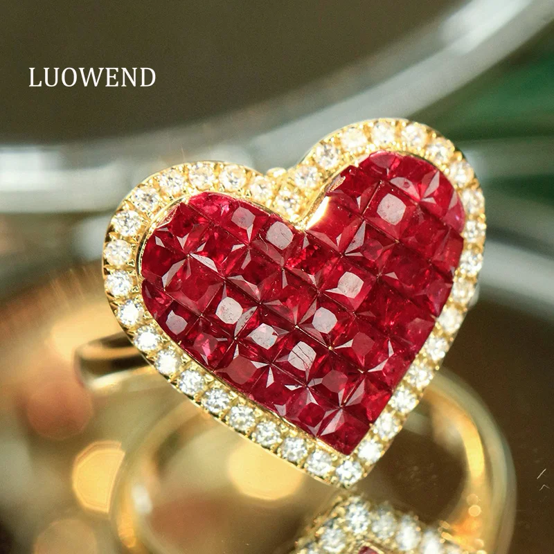 LUOWEND 100% 18K Yellow Gold Rings Luxury Heart Shape Shiny Diamond Natural Ruby Gemstone Ring for Women High Party Jewelry