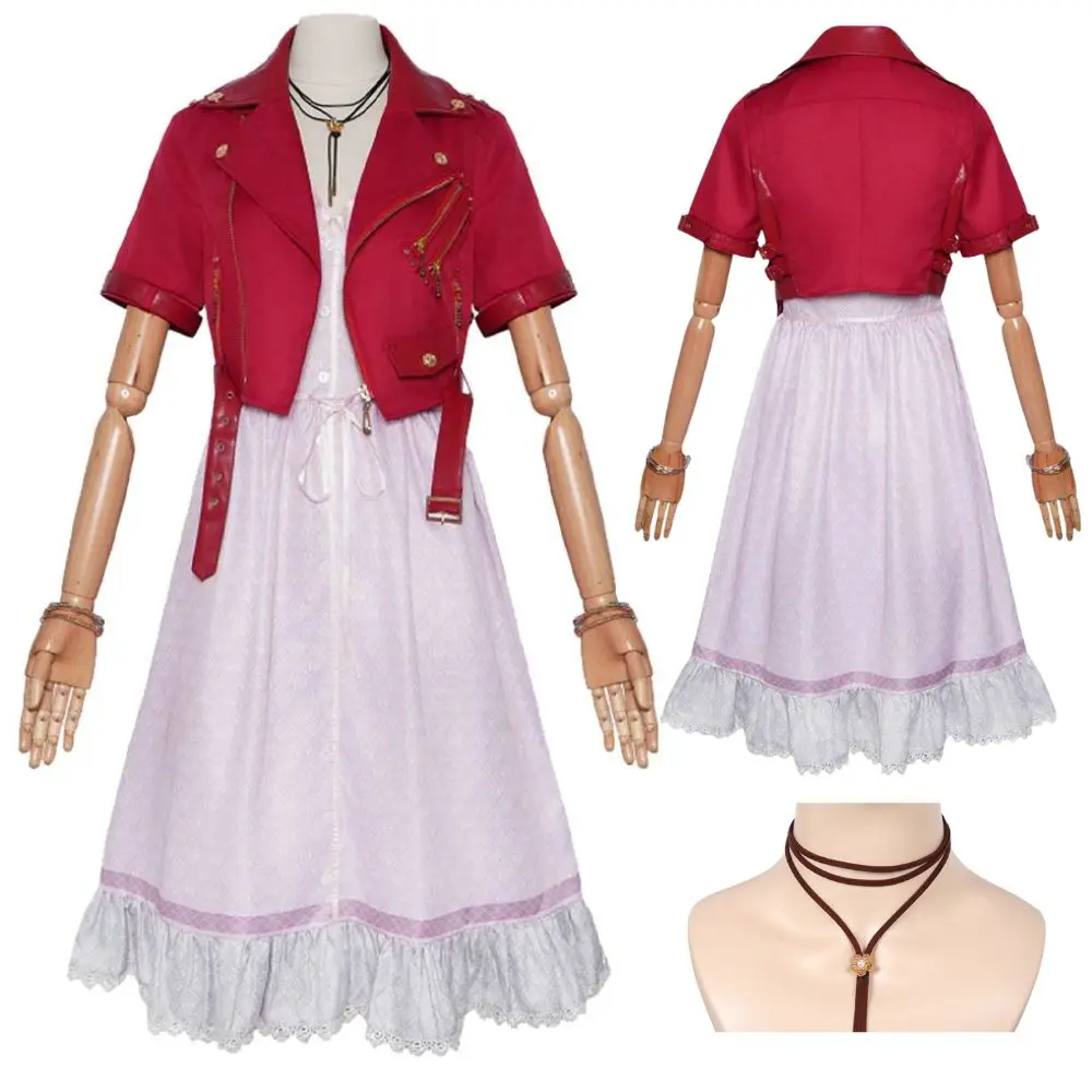 FF7 Aerith Cosplay Jacket Dress Necklace for Adult Women Final Cosplay Fantasy Accessories Roleplay Halloween Carnival Clothes