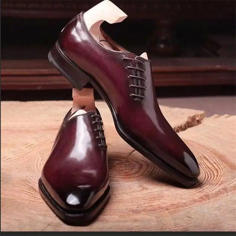 Men Oxford Shoes Red PU Square Toe Lace Up Fashion Business Casual Wedding Party  Dress Shoes Size 38-48