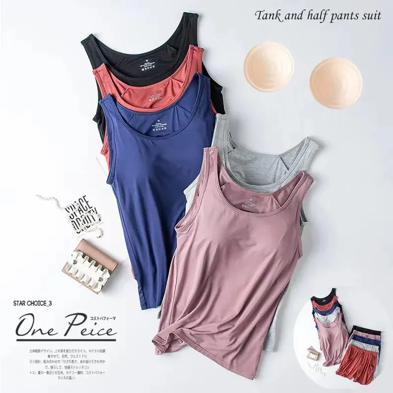 Camisole Homewear Set Pajama Summer New WOMEN\'S Modal Pajamas Two-piece Vest + Shorts with Chest Pad Lingerie Seamless Cup 2023