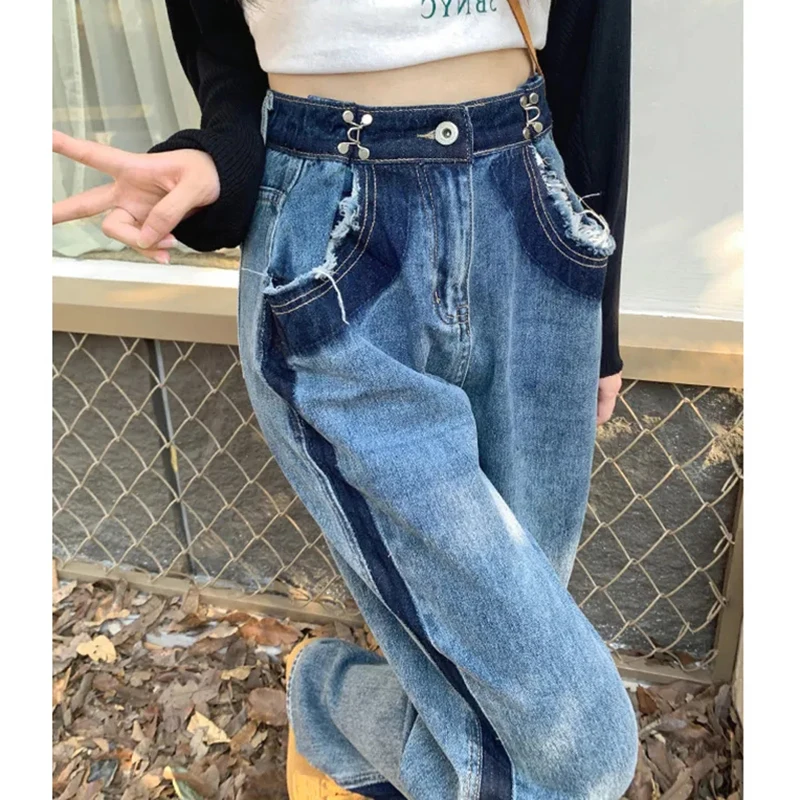 Fashion Patchwork Wide Leg Jeans Women Harajuku Vintage High Waist Straight Trousers Korean All Match Full Length Pants Spring